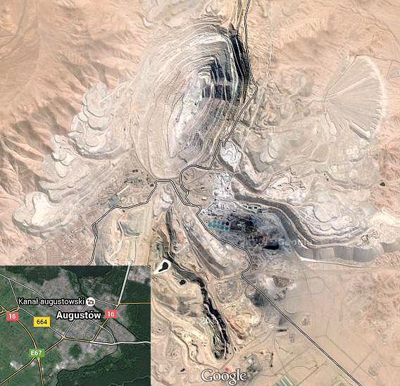 Chilijska kopalnia miedzi Chuquicamata. Dla porównania zdjęcie satelitarne Augustowa, z zachowaniem tej samej skali.