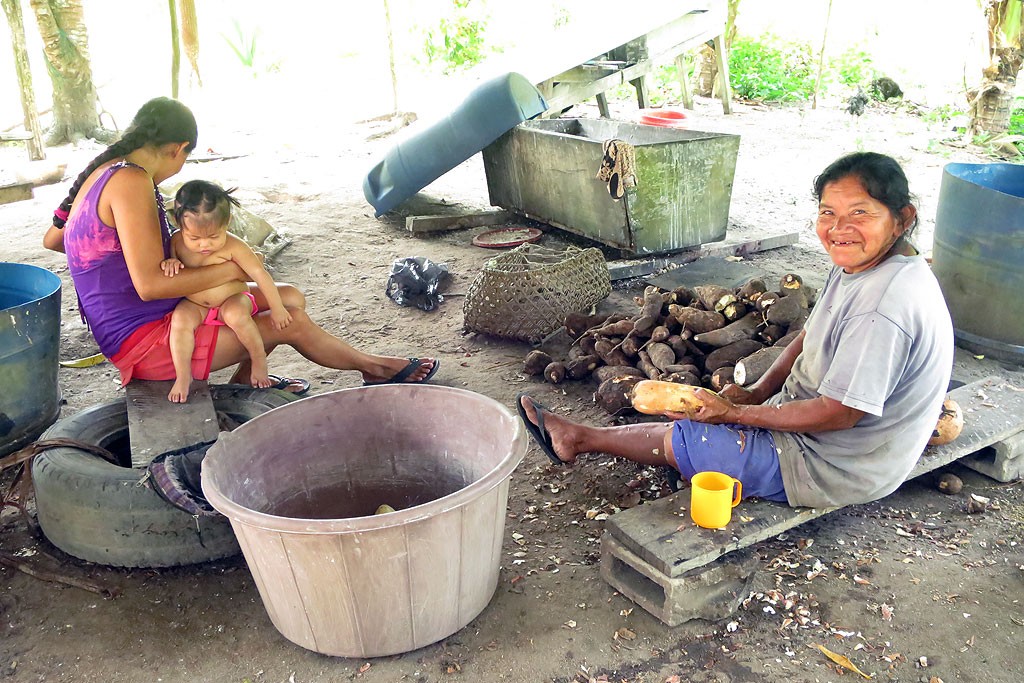 Visiting Fairview village, ladies working on casava plant